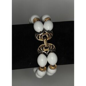 Vintage Monet White Oval Bead Double‎ Strand Bracelet Gold Tone Signed 1960s
